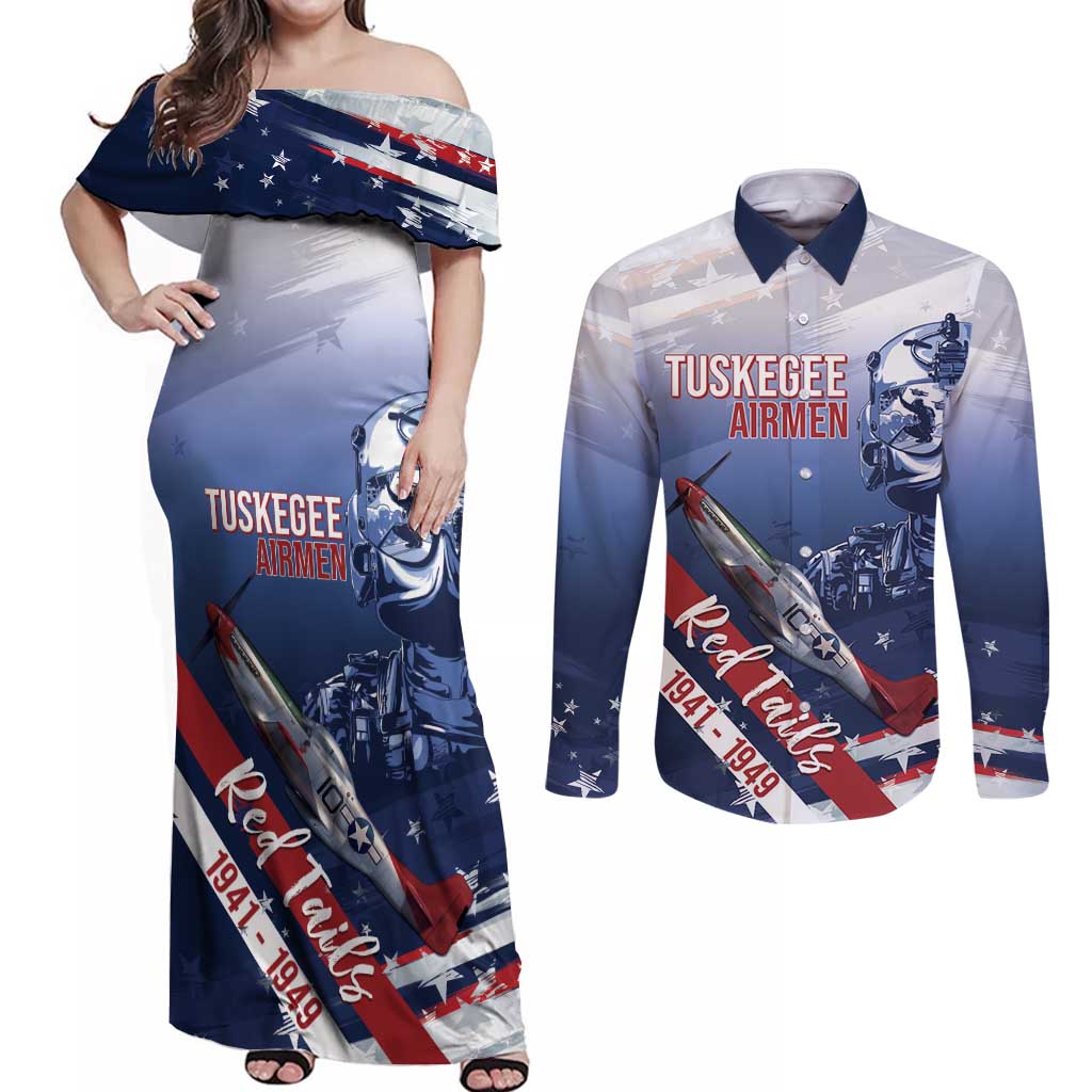 Tuskegee Airmen Red Tails Couples Matching Off Shoulder Maxi Dress and Long Sleeve Button Shirt Straighten Up and Fly Right - Blue White - Wonder Print Shop