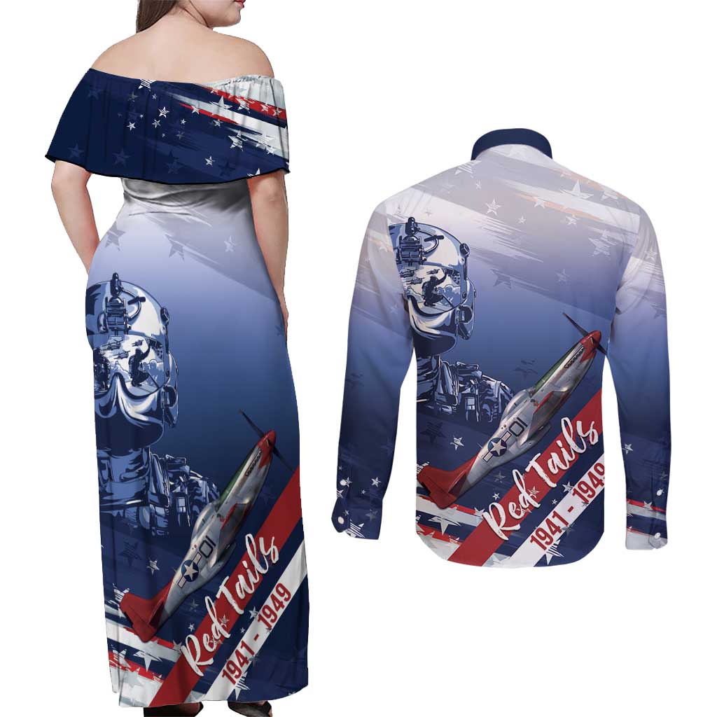 Tuskegee Airmen Red Tails Couples Matching Off Shoulder Maxi Dress and Long Sleeve Button Shirt Straighten Up and Fly Right - Blue White - Wonder Print Shop