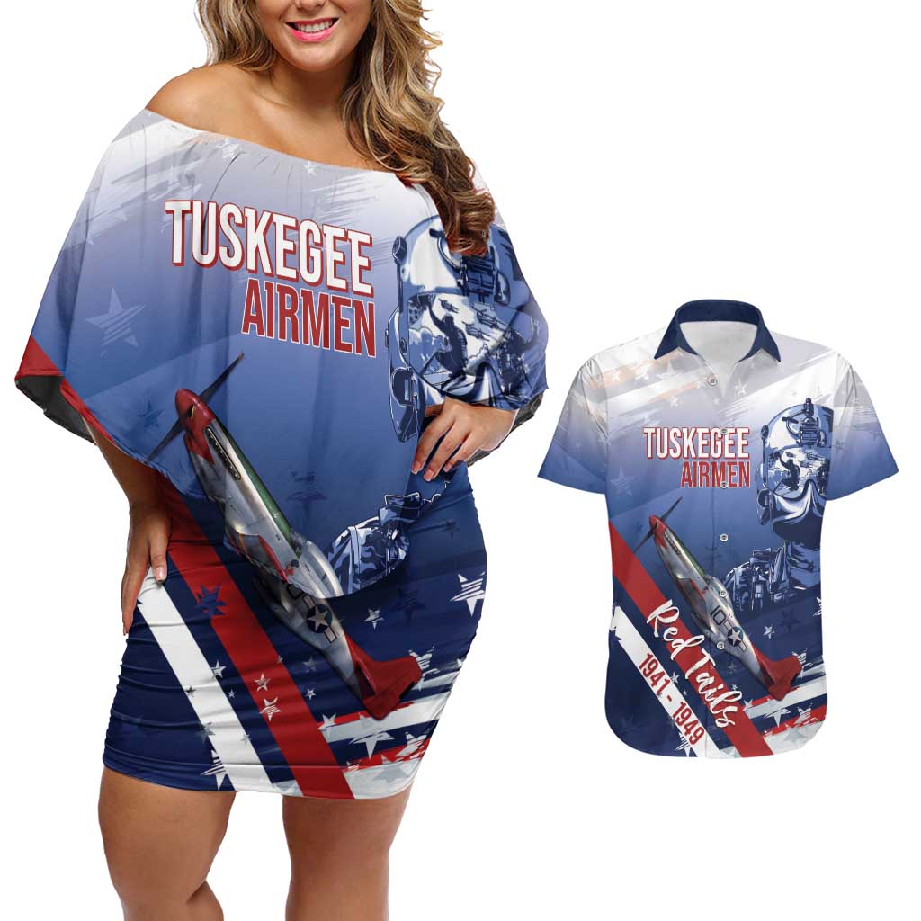 Tuskegee Airmen Red Tails Couples Matching Off Shoulder Short Dress and Hawaiian Shirt Straighten Up and Fly Right - Blue White - Wonder Print Shop