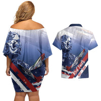 Tuskegee Airmen Red Tails Couples Matching Off Shoulder Short Dress and Hawaiian Shirt Straighten Up and Fly Right - Blue White - Wonder Print Shop