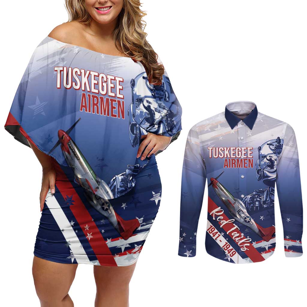 Tuskegee Airmen Red Tails Couples Matching Off Shoulder Short Dress and Long Sleeve Button Shirt Straighten Up and Fly Right - Blue White - Wonder Print Shop