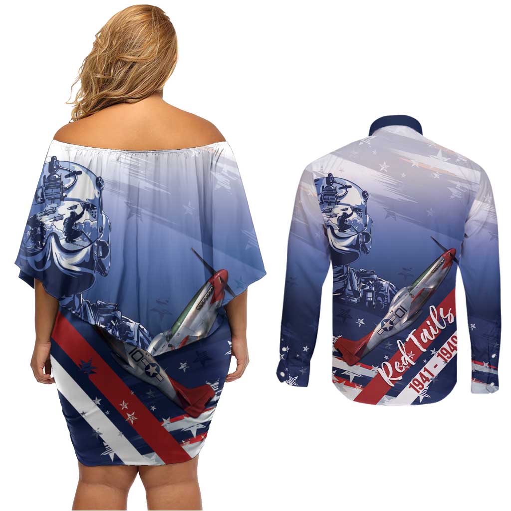 Tuskegee Airmen Red Tails Couples Matching Off Shoulder Short Dress and Long Sleeve Button Shirt Straighten Up and Fly Right - Blue White - Wonder Print Shop