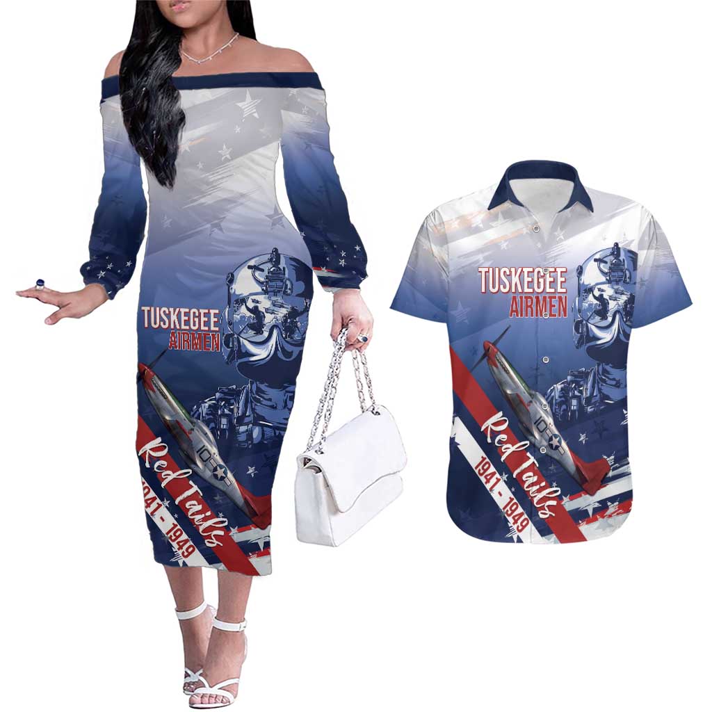 Tuskegee Airmen Red Tails Couples Matching Off The Shoulder Long Sleeve Dress and Hawaiian Shirt Straighten Up and Fly Right - Blue White - Wonder Print Shop