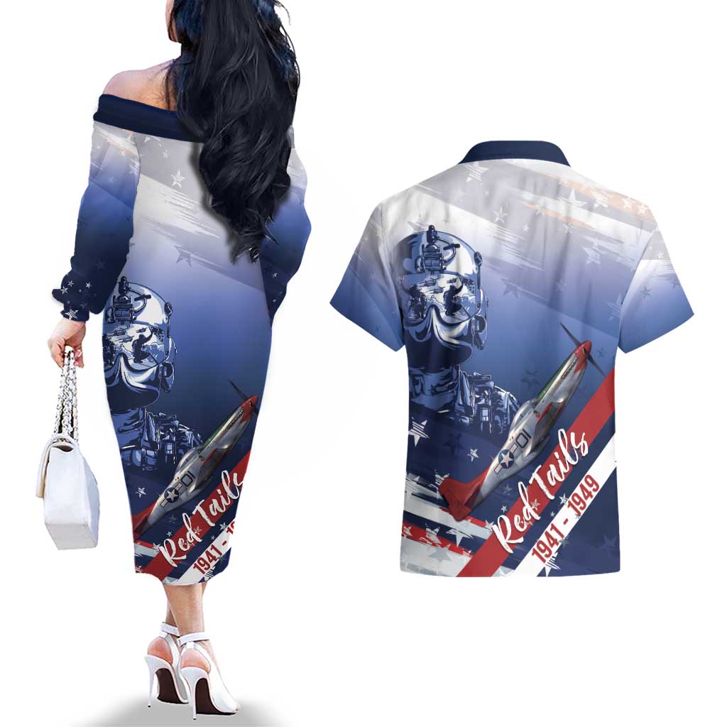 Tuskegee Airmen Red Tails Couples Matching Off The Shoulder Long Sleeve Dress and Hawaiian Shirt Straighten Up and Fly Right - Blue White - Wonder Print Shop