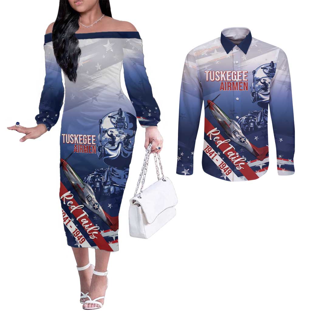 Tuskegee Airmen Red Tails Couples Matching Off The Shoulder Long Sleeve Dress and Long Sleeve Button Shirt Straighten Up and Fly Right - Blue White - Wonder Print Shop