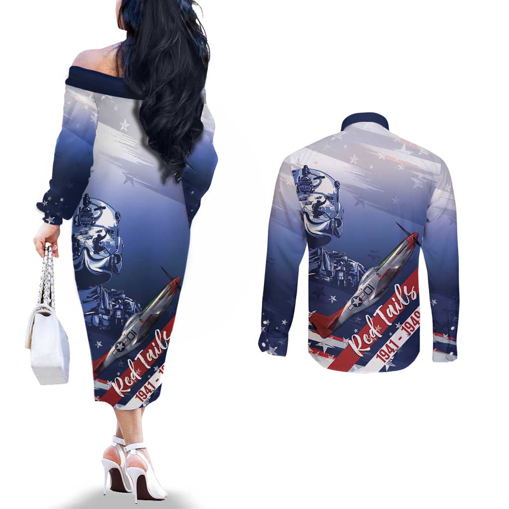 Tuskegee Airmen Red Tails Couples Matching Off The Shoulder Long Sleeve Dress and Long Sleeve Button Shirt Straighten Up and Fly Right - Blue White - Wonder Print Shop