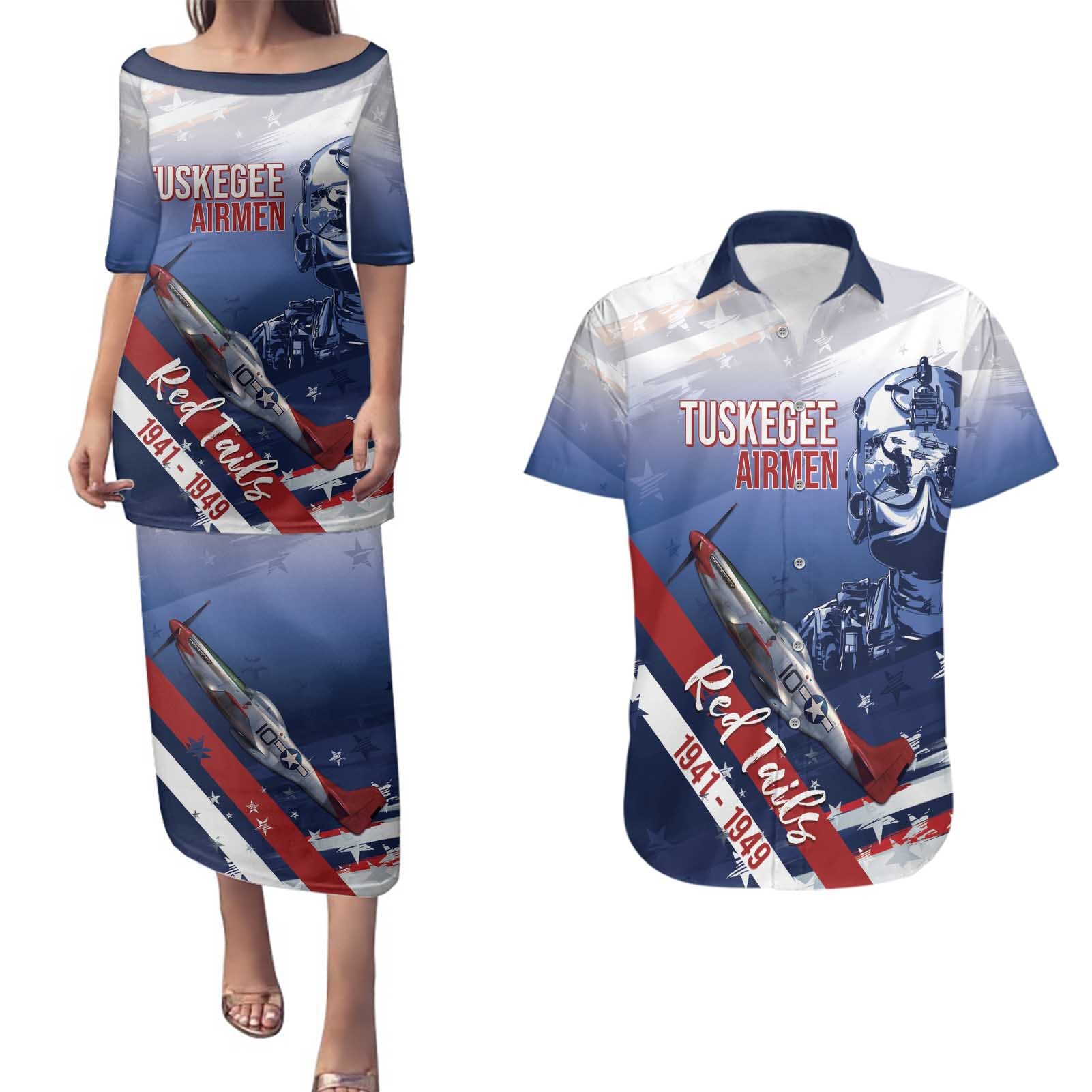 Tuskegee Airmen Red Tails Couples Matching Puletasi and Hawaiian Shirt Straighten Up and Fly Right - Blue White - Wonder Print Shop