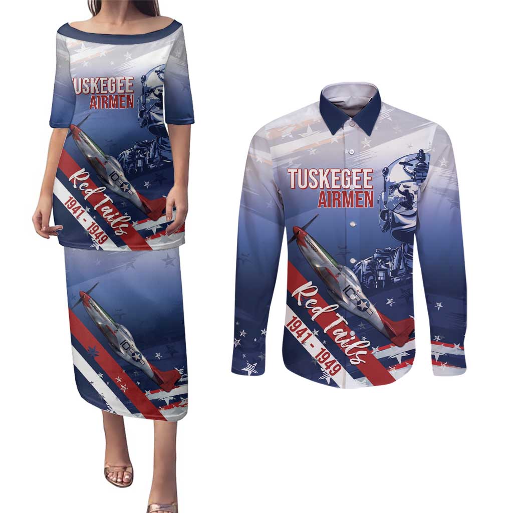 Tuskegee Airmen Red Tails Couples Matching Puletasi and Long Sleeve Button Shirt Straighten Up and Fly Right - Blue White - Wonder Print Shop
