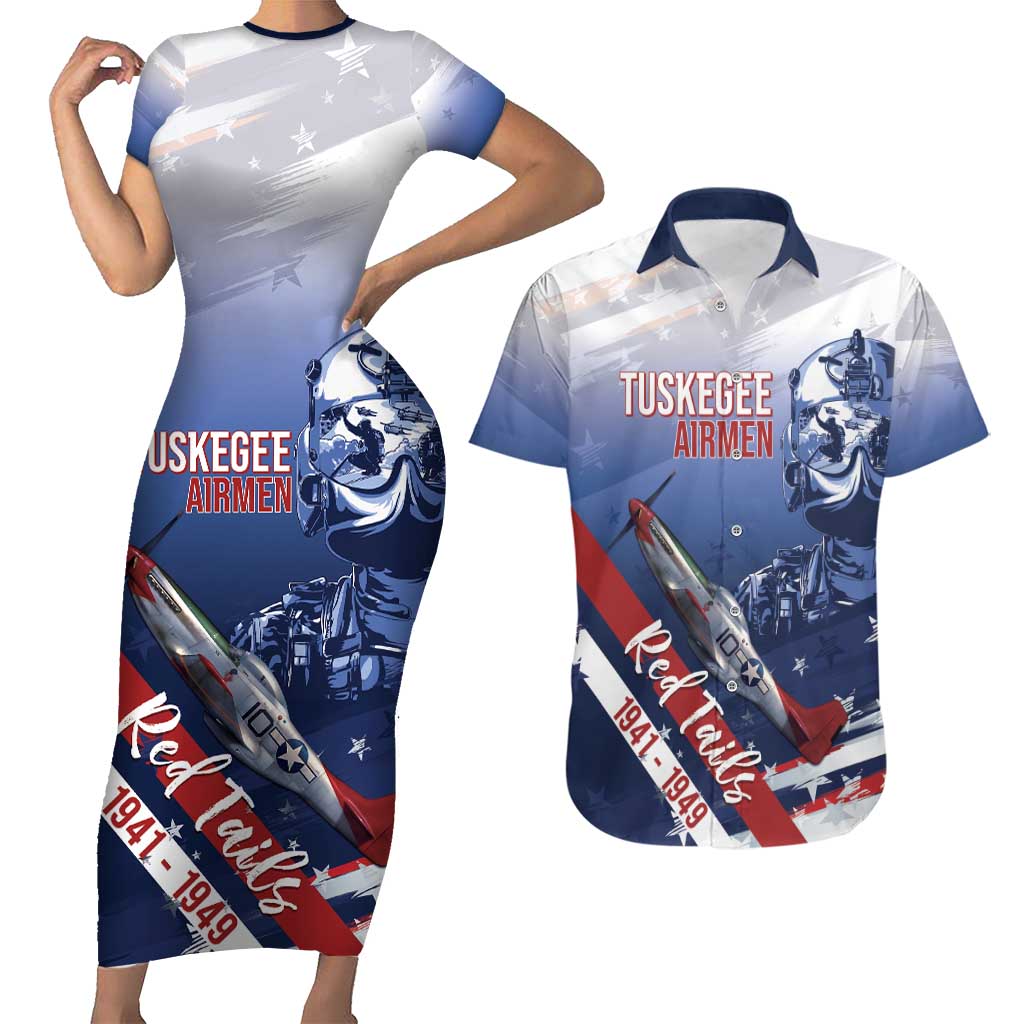 Tuskegee Airmen Red Tails Couples Matching Short Sleeve Bodycon Dress and Hawaiian Shirt Straighten Up and Fly Right - Blue White - Wonder Print Shop