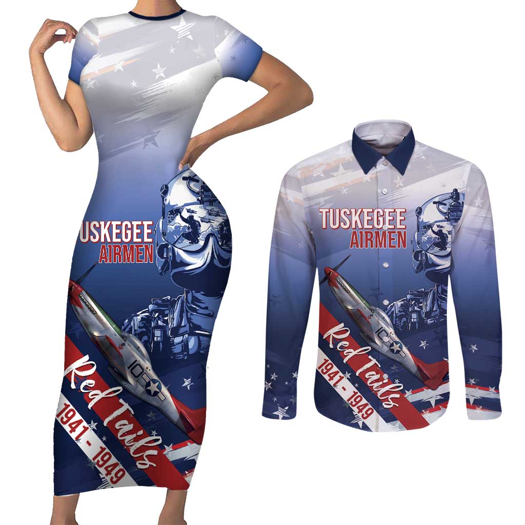 Tuskegee Airmen Red Tails Couples Matching Short Sleeve Bodycon Dress and Long Sleeve Button Shirt Straighten Up and Fly Right - Blue White - Wonder Print Shop