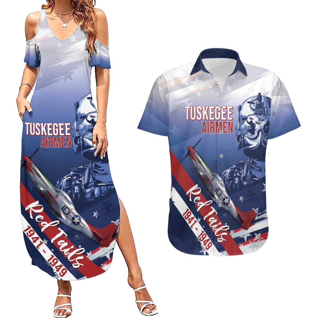 Tuskegee Airmen Red Tails Couples Matching Summer Maxi Dress and Hawaiian Shirt Straighten Up and Fly Right - Blue White - Wonder Print Shop