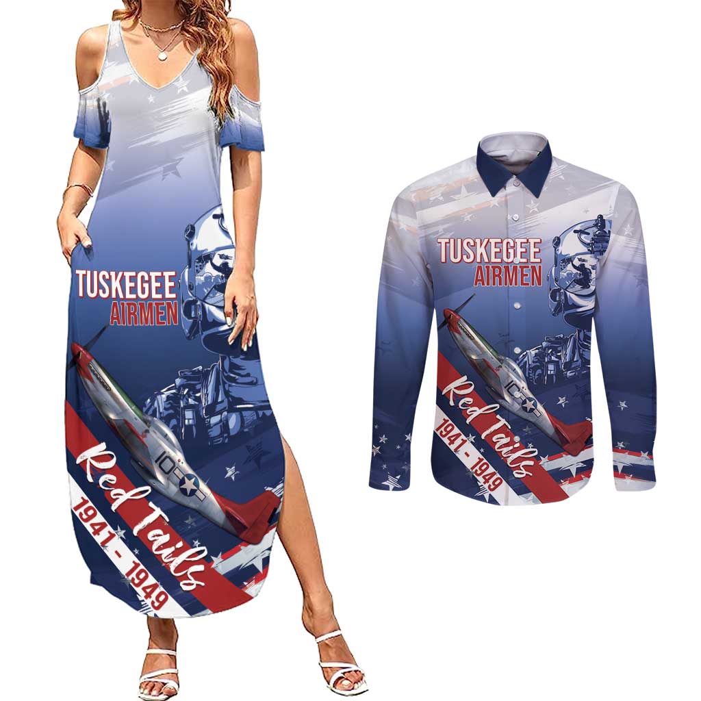 Tuskegee Airmen Red Tails Couples Matching Summer Maxi Dress and Long Sleeve Button Shirt Straighten Up and Fly Right - Blue White - Wonder Print Shop