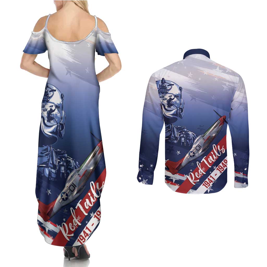 Tuskegee Airmen Red Tails Couples Matching Summer Maxi Dress and Long Sleeve Button Shirt Straighten Up and Fly Right - Blue White - Wonder Print Shop
