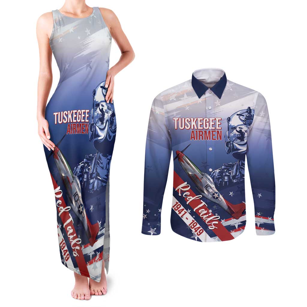 Tuskegee Airmen Red Tails Couples Matching Tank Maxi Dress and Long Sleeve Button Shirt Straighten Up and Fly Right - Blue White - Wonder Print Shop