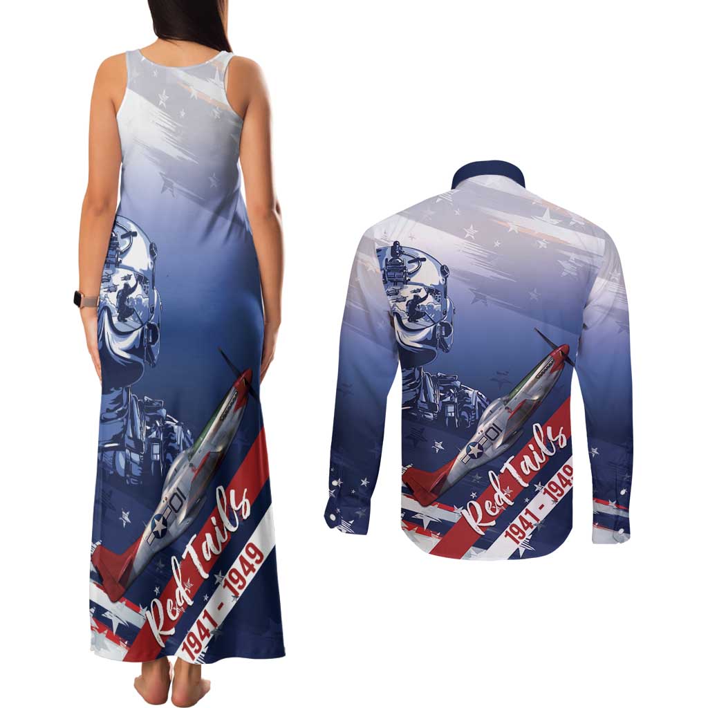 Tuskegee Airmen Red Tails Couples Matching Tank Maxi Dress and Long Sleeve Button Shirt Straighten Up and Fly Right - Blue White - Wonder Print Shop