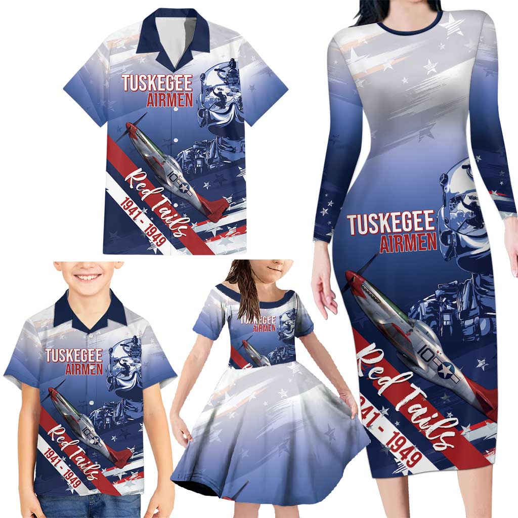 Tuskegee Airmen Red Tails Family Matching Long Sleeve Bodycon Dress and Hawaiian Shirt Straighten Up and Fly Right - Blue White - Wonder Print Shop
