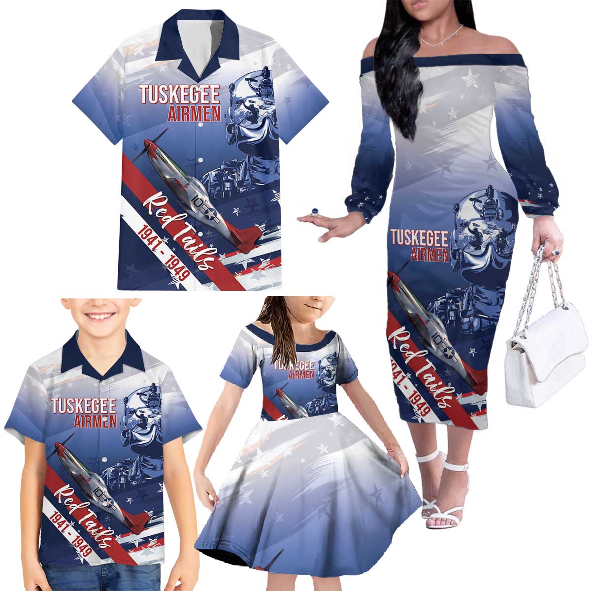 Tuskegee Airmen Red Tails Family Matching Off The Shoulder Long Sleeve Dress and Hawaiian Shirt Straighten Up and Fly Right - Blue White - Wonder Print Shop