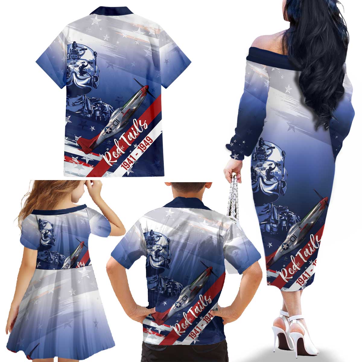 Tuskegee Airmen Red Tails Family Matching Off The Shoulder Long Sleeve Dress and Hawaiian Shirt Straighten Up and Fly Right - Blue White - Wonder Print Shop