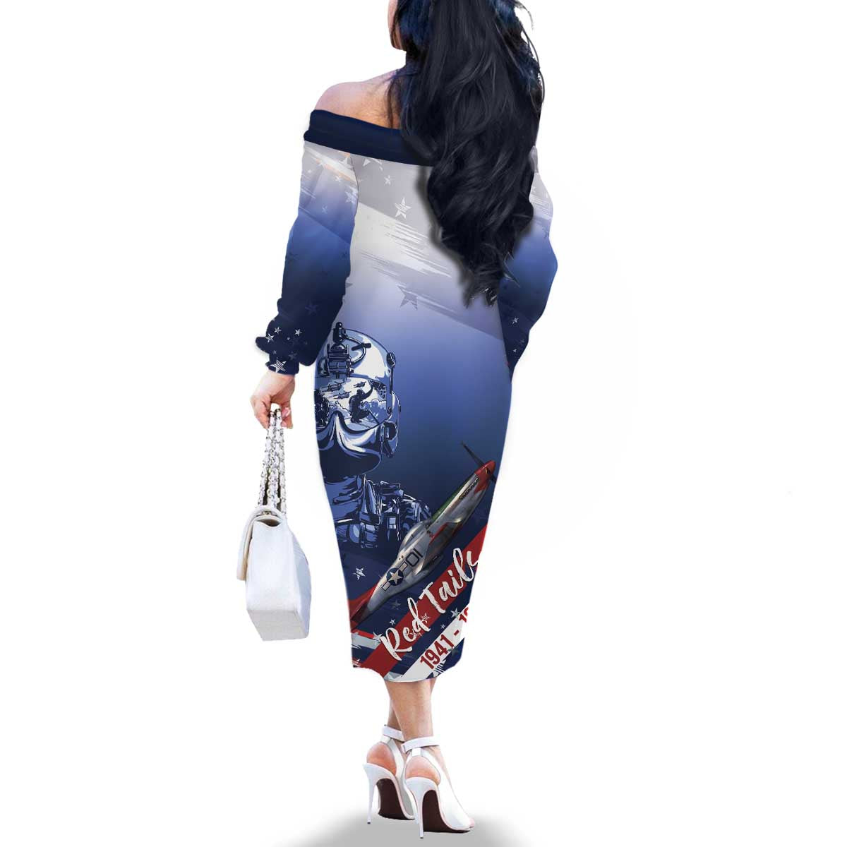 Tuskegee Airmen Red Tails Family Matching Off The Shoulder Long Sleeve Dress and Hawaiian Shirt Straighten Up and Fly Right - Blue White - Wonder Print Shop