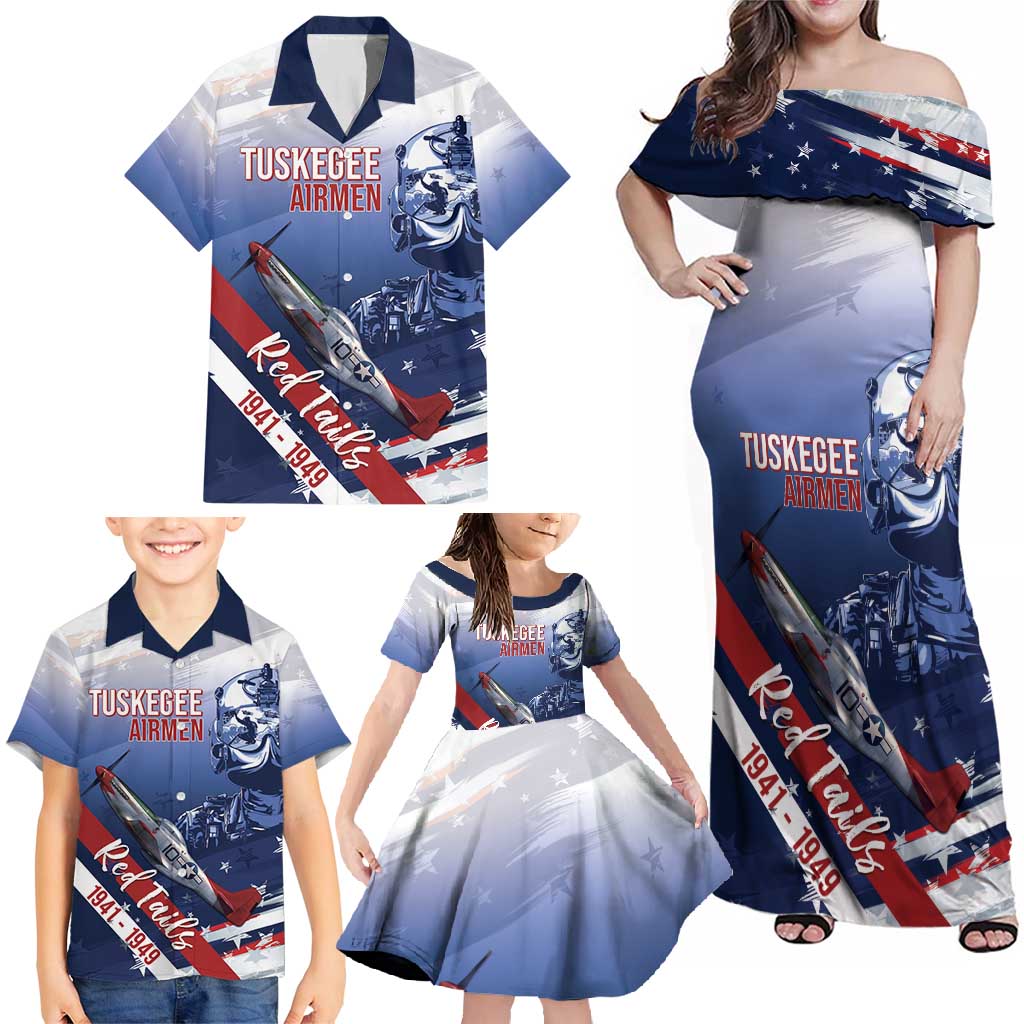 Tuskegee Airmen Red Tails Family Matching Off Shoulder Maxi Dress and Hawaiian Shirt Straighten Up and Fly Right - Blue White - Wonder Print Shop