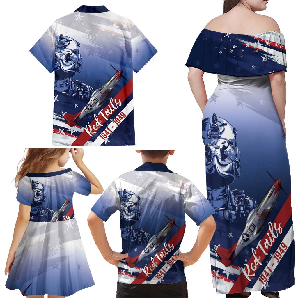 Tuskegee Airmen Red Tails Family Matching Off Shoulder Maxi Dress and Hawaiian Shirt Straighten Up and Fly Right - Blue White - Wonder Print Shop