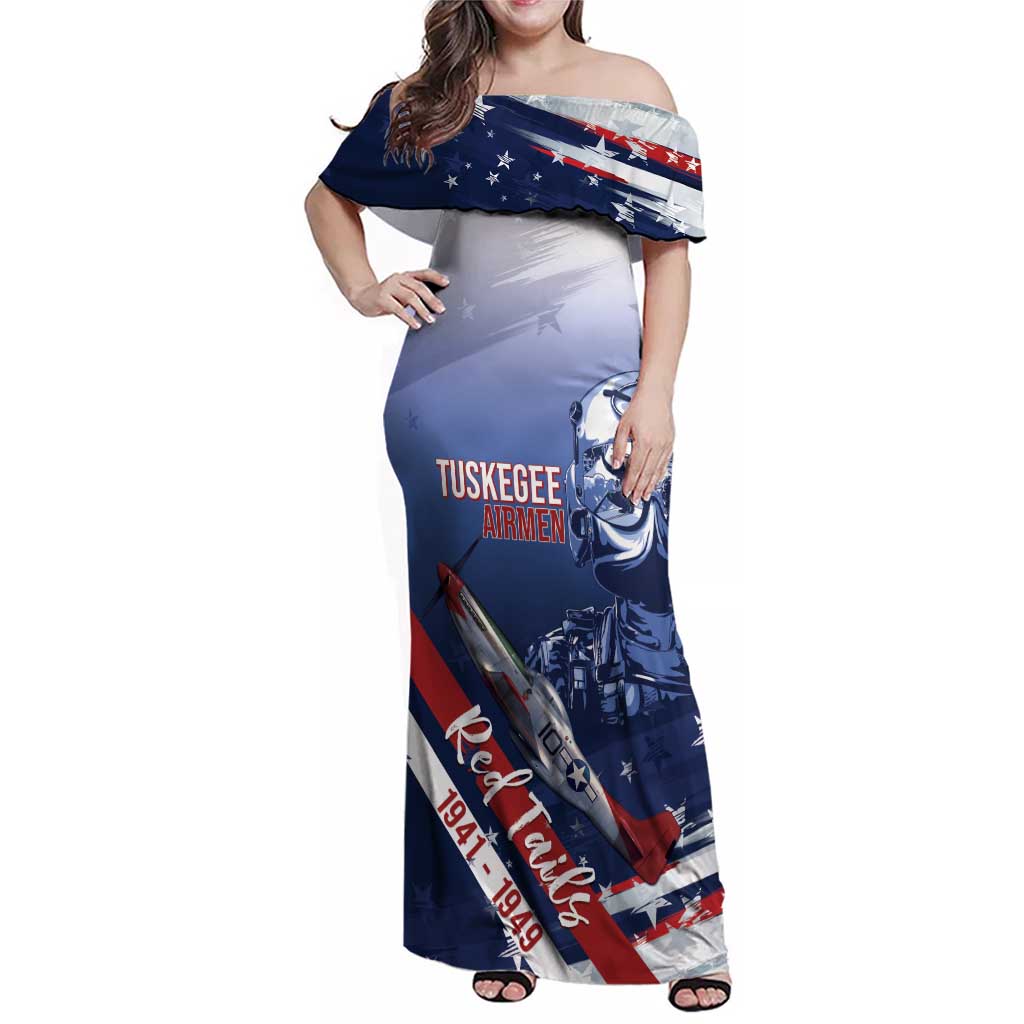 Tuskegee Airmen Red Tails Family Matching Off Shoulder Maxi Dress and Hawaiian Shirt Straighten Up and Fly Right - Blue White - Wonder Print Shop