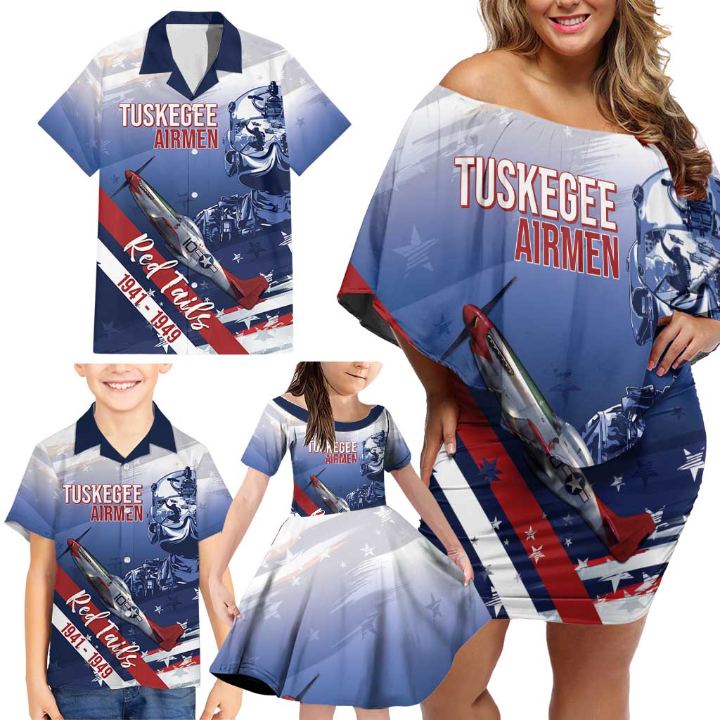 Tuskegee Airmen Red Tails Family Matching Off Shoulder Short Dress and Hawaiian Shirt Straighten Up and Fly Right - Blue White - Wonder Print Shop
