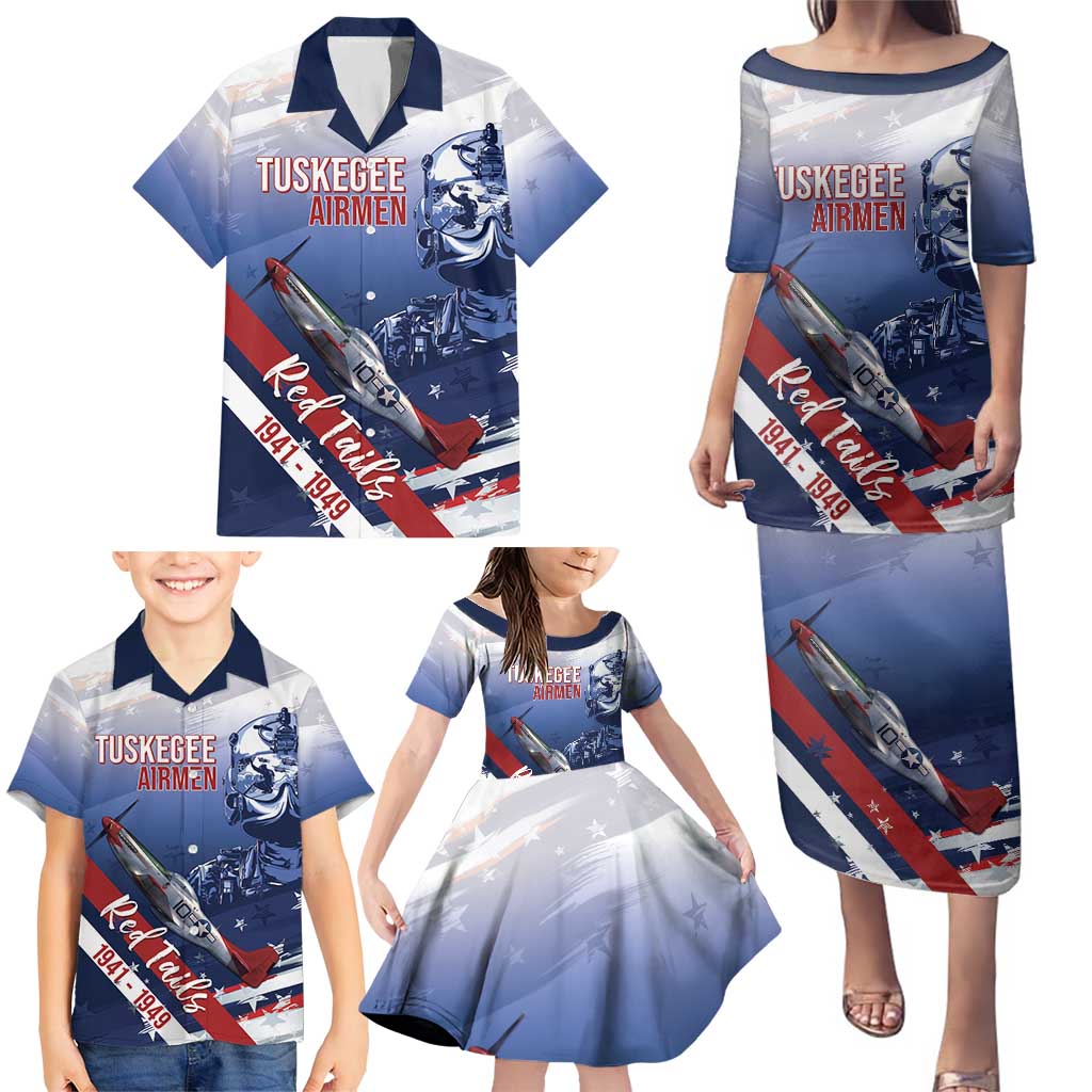 Tuskegee Airmen Red Tails Family Matching Puletasi and Hawaiian Shirt Straighten Up and Fly Right - Blue White - Wonder Print Shop