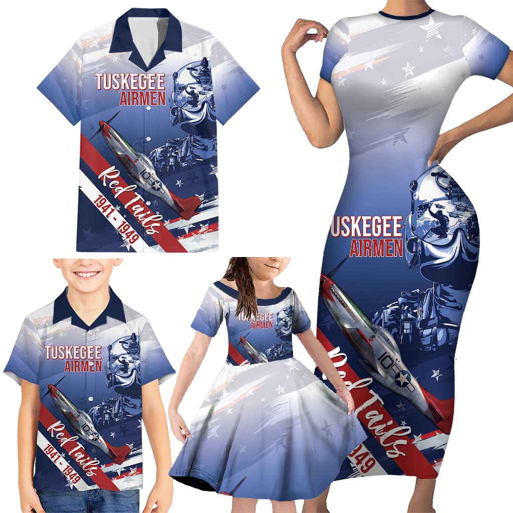 Tuskegee Airmen Red Tails Family Matching Short Sleeve Bodycon Dress and Hawaiian Shirt Straighten Up and Fly Right - Blue White - Wonder Print Shop