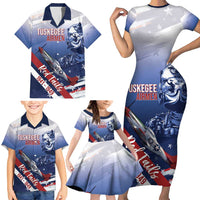 Tuskegee Airmen Red Tails Family Matching Short Sleeve Bodycon Dress and Hawaiian Shirt Straighten Up and Fly Right - Blue White - Wonder Print Shop