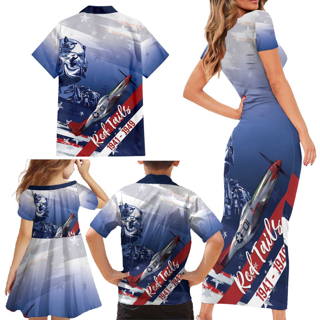 Tuskegee Airmen Red Tails Family Matching Short Sleeve Bodycon Dress and Hawaiian Shirt Straighten Up and Fly Right - Blue White - Wonder Print Shop