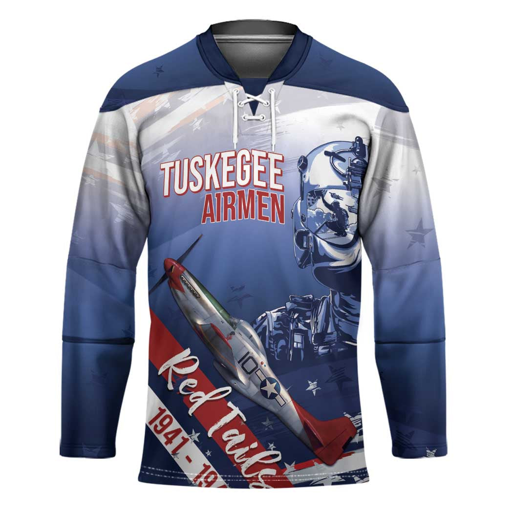 Tuskegee Airmen Red Tails Hockey Jersey Straighten Up and Fly Right - Blue White - Wonder Print Shop