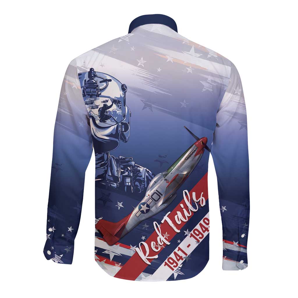 Tuskegee Airmen Red Tails Long Sleeve Button Shirt Straighten Up and Fly Right - Blue White - Wonder Print Shop