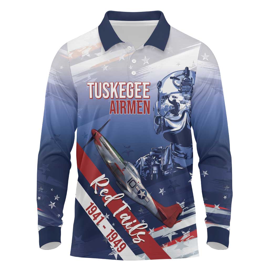 Tuskegee Airmen Red Tails Long Sleeve Polo Shirt Straighten Up and Fly Right - Blue White - Wonder Print Shop