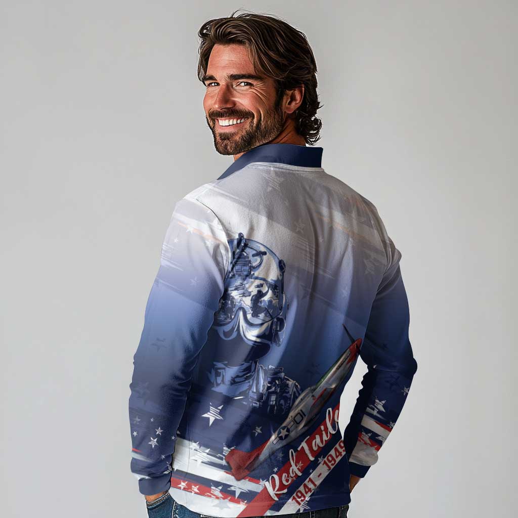 Tuskegee Airmen Red Tails Long Sleeve Polo Shirt Straighten Up and Fly Right - Blue White - Wonder Print Shop