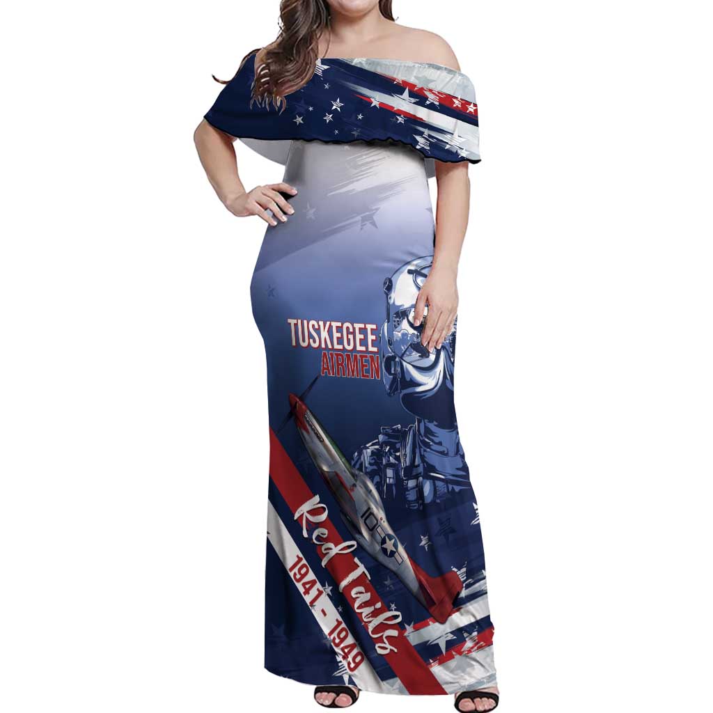 Tuskegee Airmen Red Tails Off Shoulder Maxi Dress Straighten Up and Fly Right - Blue White - Wonder Print Shop