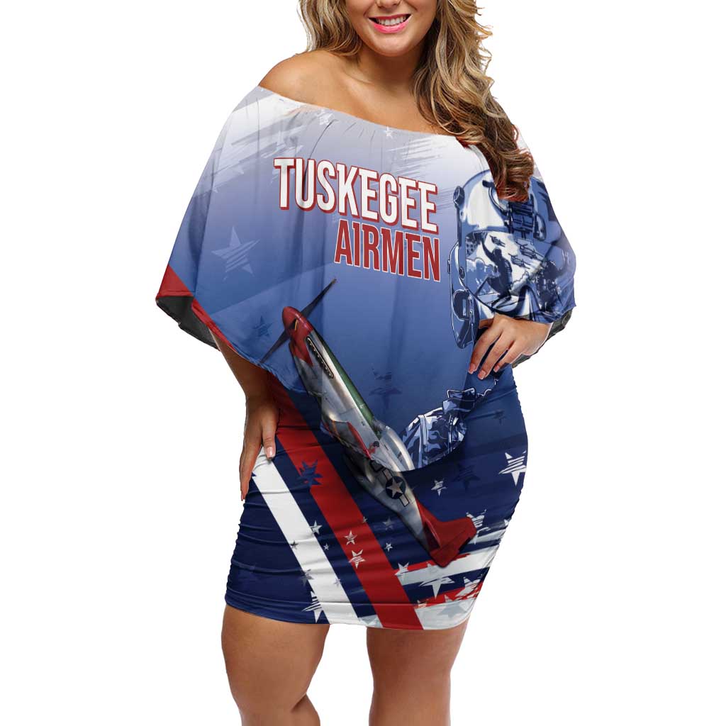 Tuskegee Airmen Red Tails Off Shoulder Short Dress Straighten Up and Fly Right - Blue White - Wonder Print Shop
