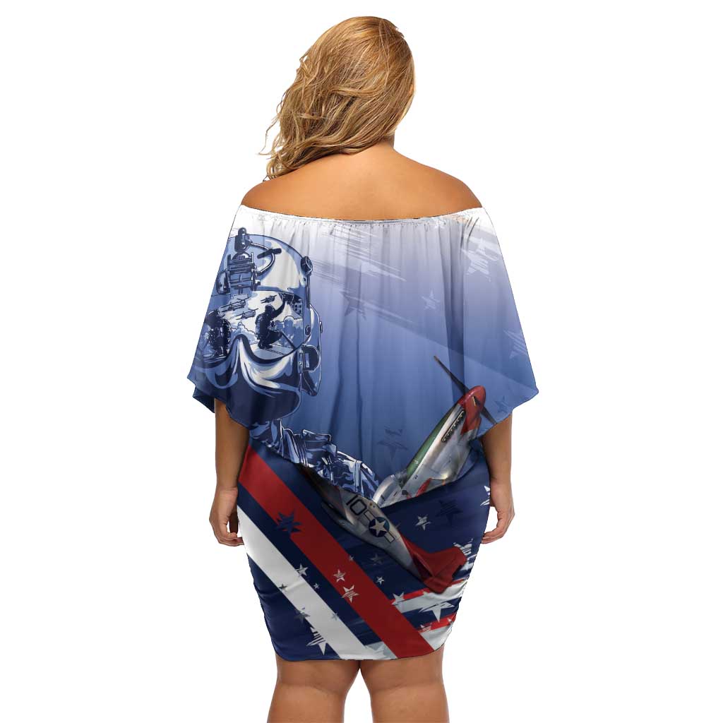 Tuskegee Airmen Red Tails Off Shoulder Short Dress Straighten Up and Fly Right - Blue White - Wonder Print Shop