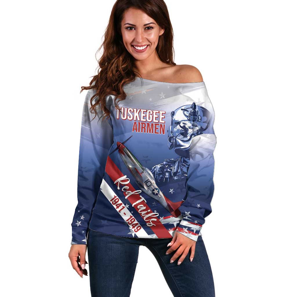 Tuskegee Airmen Red Tails Off Shoulder Sweater Straighten Up and Fly Right - Blue White - Wonder Print Shop