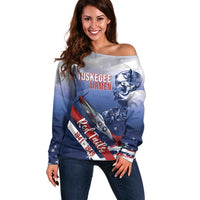 Tuskegee Airmen Red Tails Off Shoulder Sweater Straighten Up and Fly Right - Blue White - Wonder Print Shop