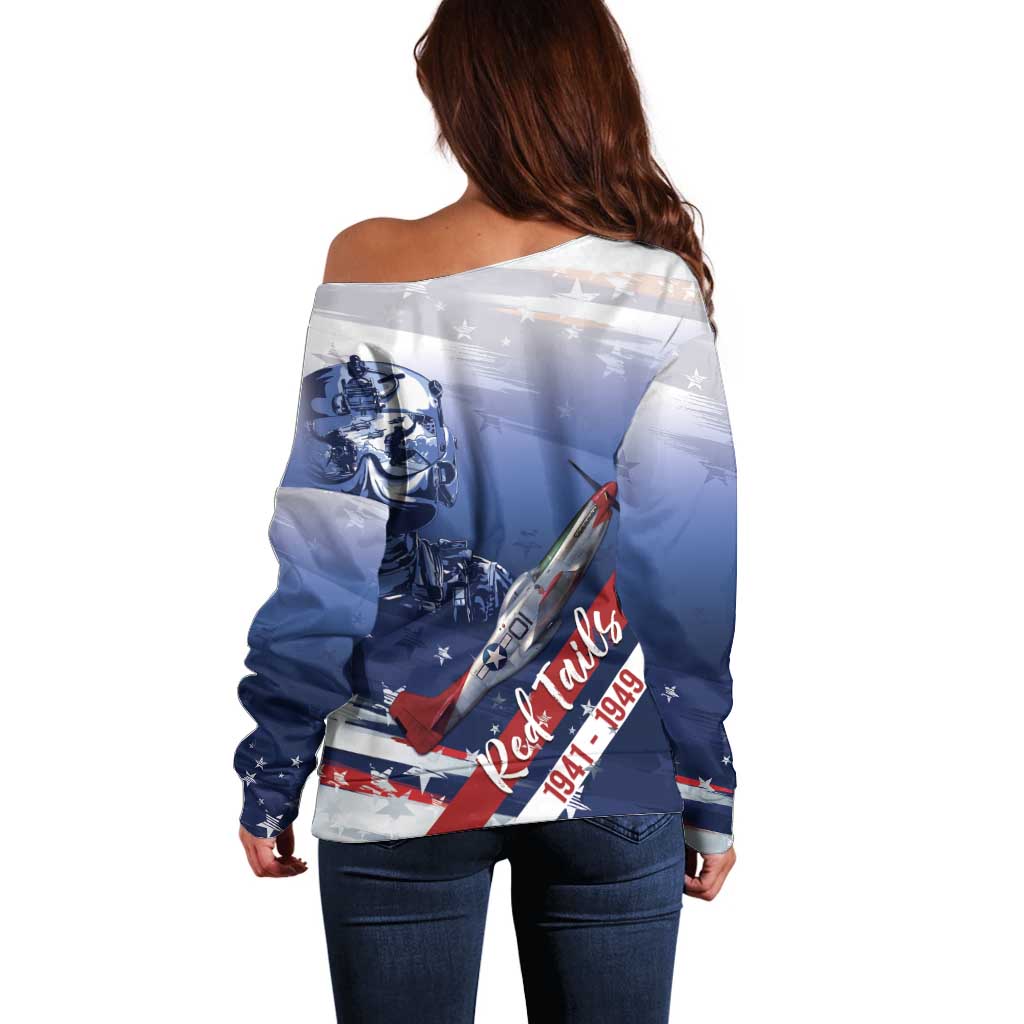 Tuskegee Airmen Red Tails Off Shoulder Sweater Straighten Up and Fly Right - Blue White - Wonder Print Shop