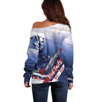 Tuskegee Airmen Red Tails Off Shoulder Sweater Straighten Up and Fly Right - Blue White - Wonder Print Shop