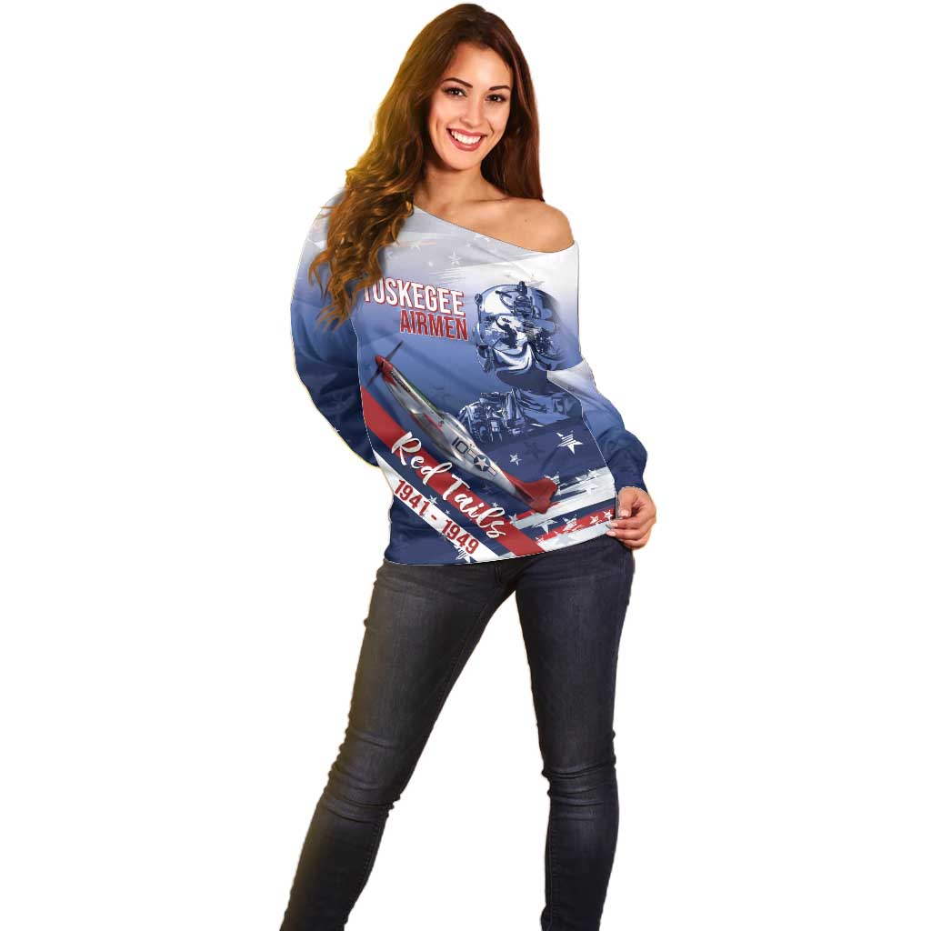 Tuskegee Airmen Red Tails Off Shoulder Sweater Straighten Up and Fly Right - Blue White - Wonder Print Shop