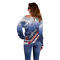Tuskegee Airmen Red Tails Off Shoulder Sweater Straighten Up and Fly Right - Blue White - Wonder Print Shop