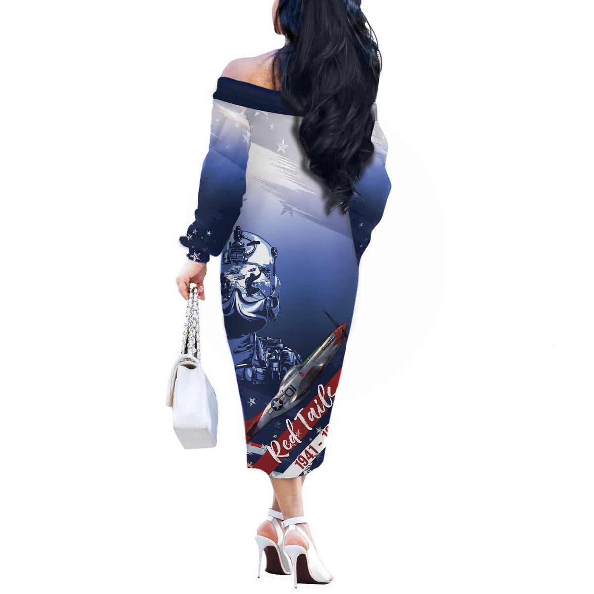 Tuskegee Airmen Red Tails Off The Shoulder Long Sleeve Dress Straighten Up and Fly Right - Blue White - Wonder Print Shop