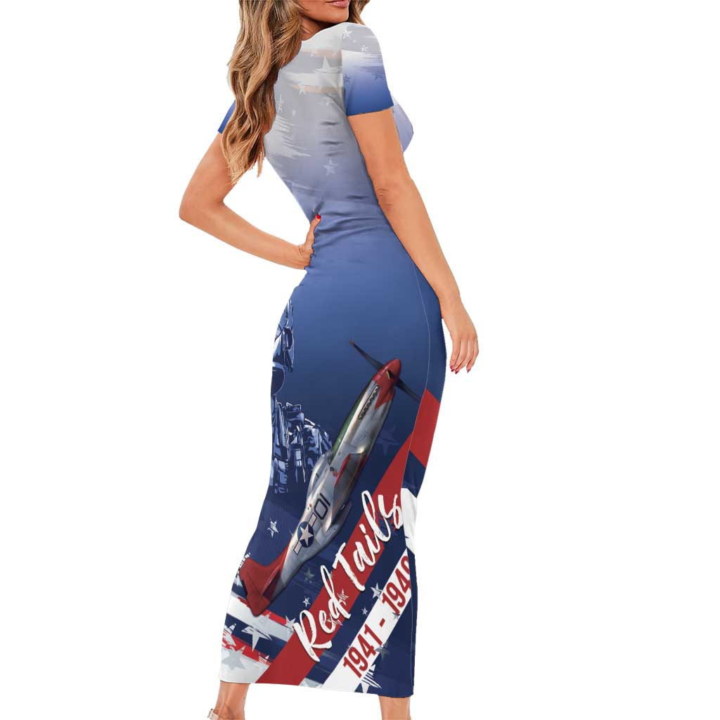 Tuskegee Airmen Red Tails Short Sleeve Bodycon Dress Straighten Up and Fly Right - Blue White - Wonder Print Shop