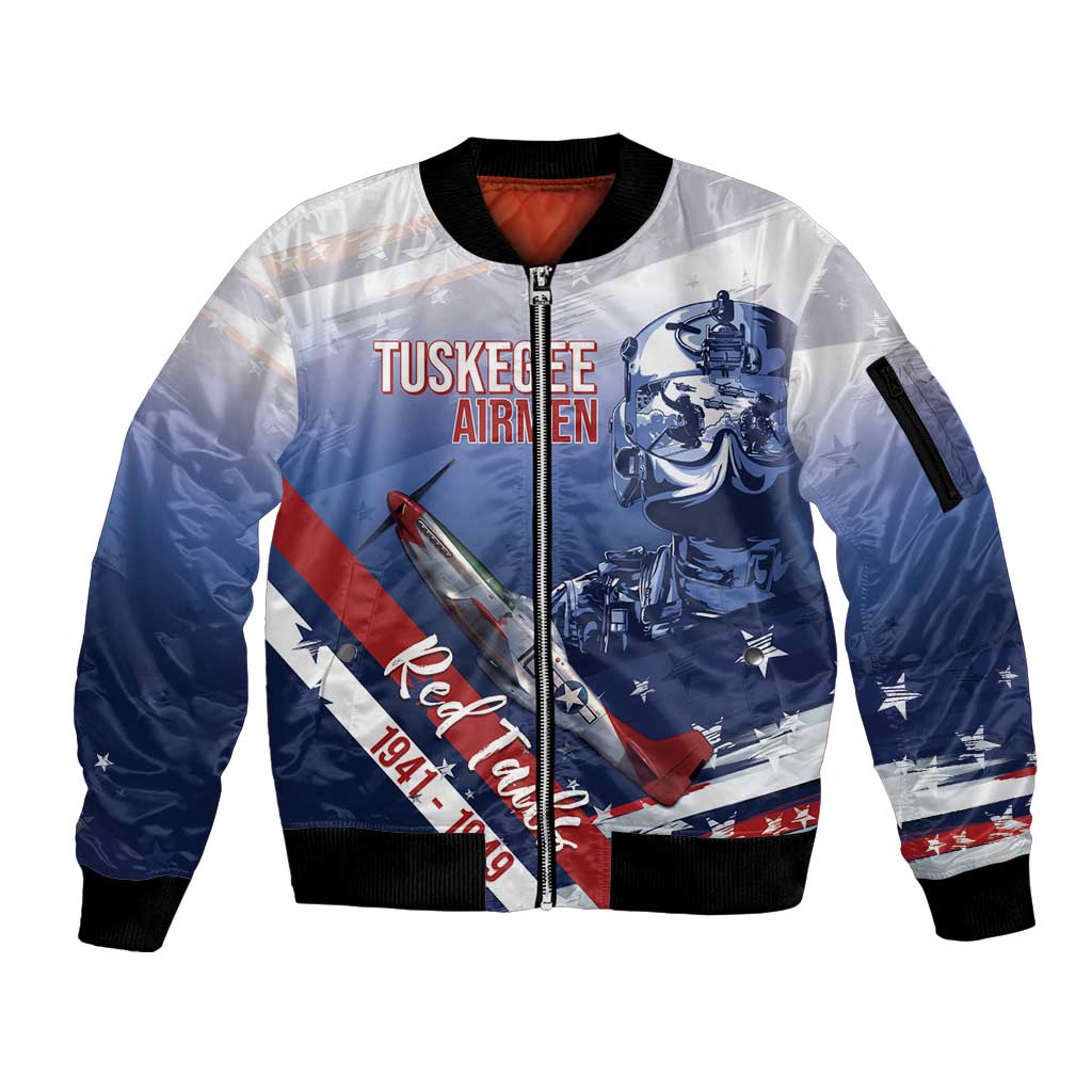 Tuskegee Airmen Red Tails Sleeve Zip Bomber Jacket Straighten Up and Fly Right - Blue White - Wonder Print Shop
