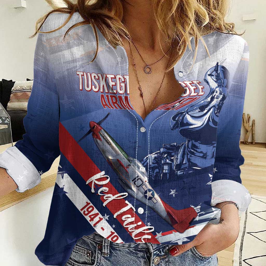 Tuskegee Airmen Red Tails Women Casual Shirt Straighten Up and Fly Right - Blue White - Wonder Print Shop