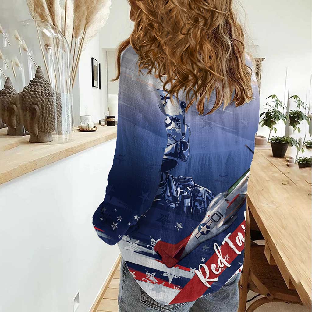 Tuskegee Airmen Red Tails Women Casual Shirt Straighten Up and Fly Right - Blue White - Wonder Print Shop