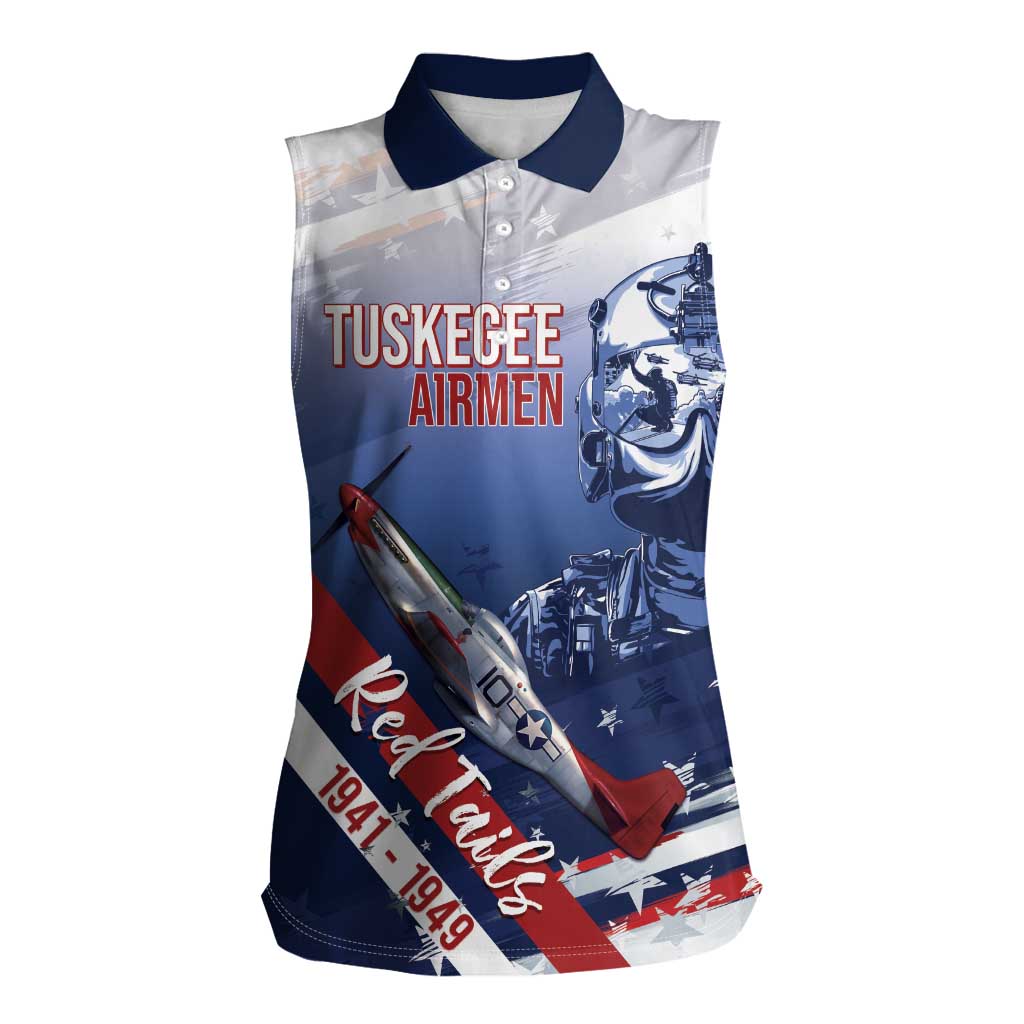 Tuskegee Airmen Red Tails Women Sleeveless Polo Shirt Straighten Up and Fly Right - Blue White - Wonder Print Shop